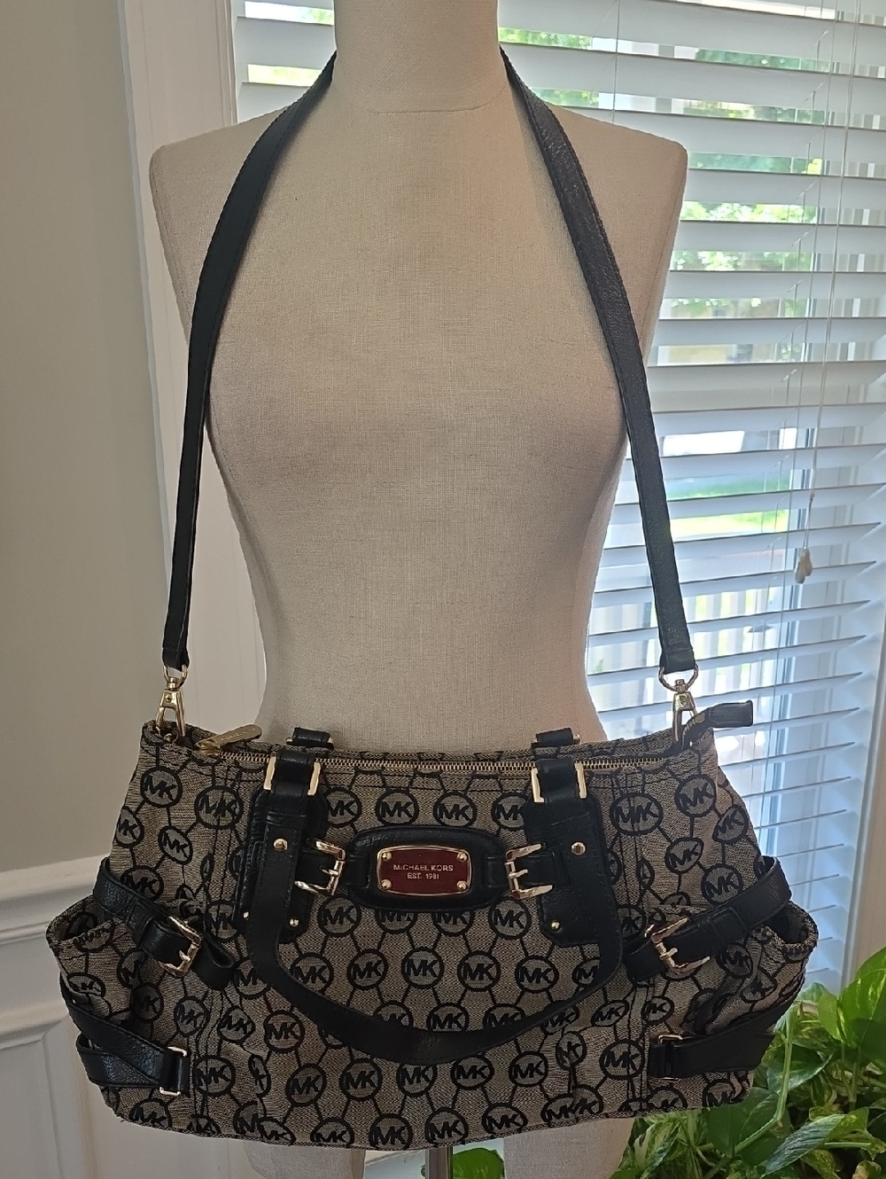 Michael Kors Black and Tan Logo Jacquard Shoulder Bag